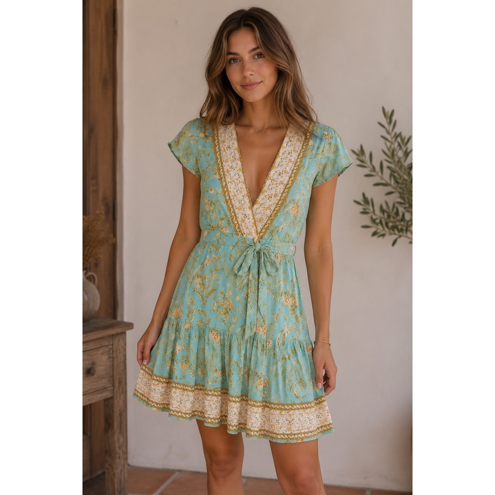 Saints + Secrets Floral Wrap Mini Dress Blue Boho Cottagecore S